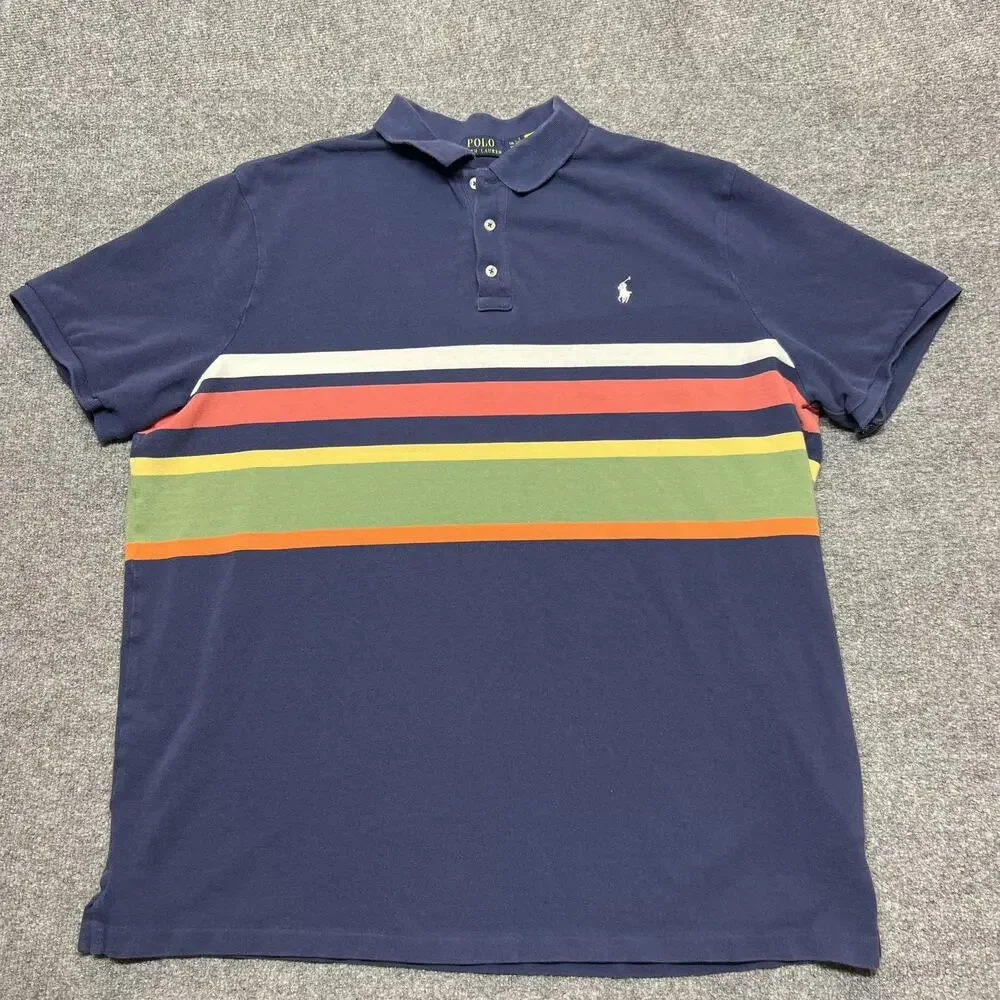 Polo Ralph Lauren Polo Shirt Mens 2XL Blue Multicolor Stripe Short Sleeve Pony
